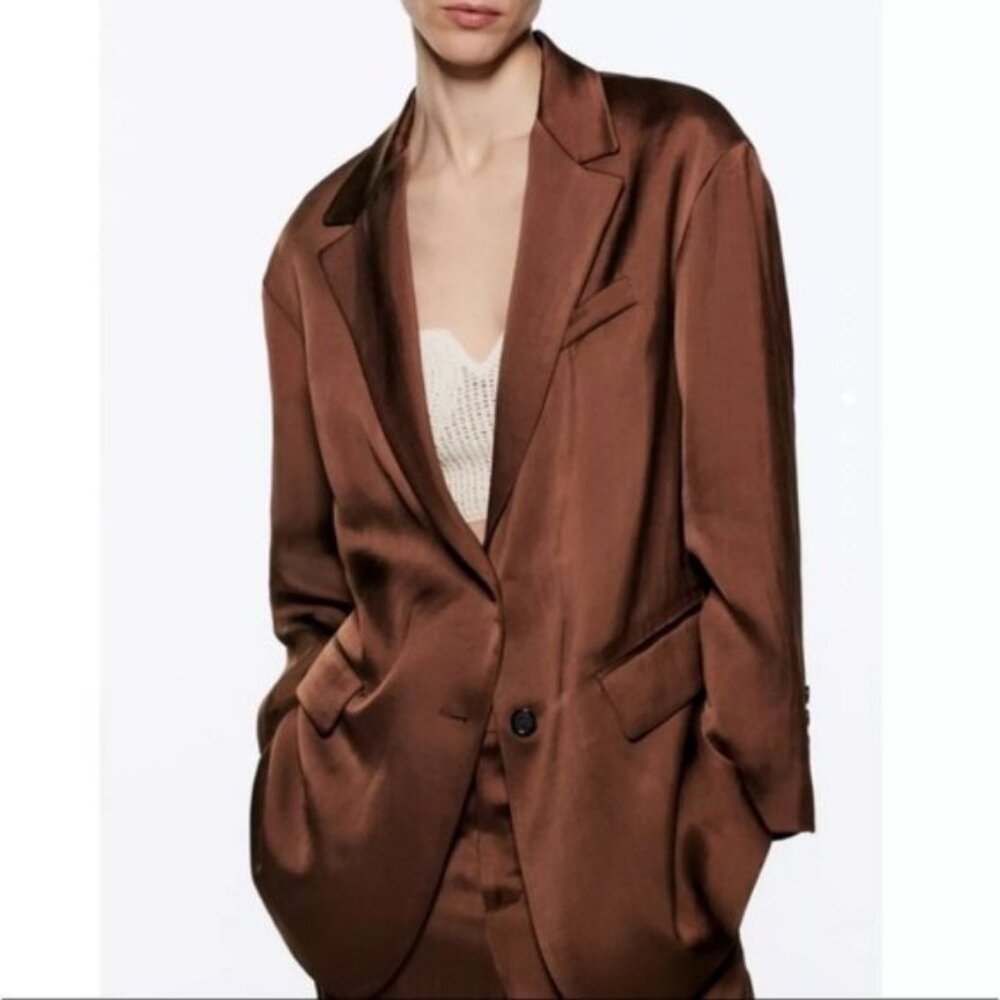 NWT Zara Satin Effect Women's Straight Oversized Flowy Blazer Size XL 90s Chic - Picture 1 of 12